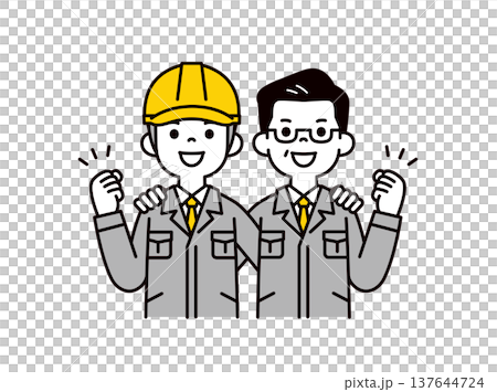 一幅簡單的上半身向量插圖，描繪了工地主管和建築公司老闆在工作中一起工作的場景。 137644724