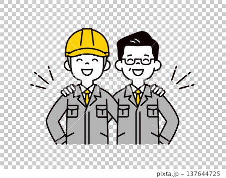 Vector illustration of the upper bodies of a helmeted engineer and factory manager/employee, with their arms around each other's shoulders. 137644725