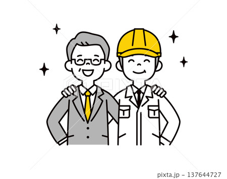 笑顔で肩を組む、中小企業の社長とヘルメットを被った現場マネージャーの上半身ベクターイラスト 137644727