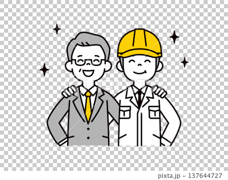 一幅向量插圖，展示了一位小企業主和一位戴著頭盔的現場經理的上半身，兩人都面帶微笑，手臂搭在對方的肩膀上。 137644727