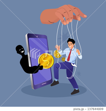 Male professional manipulated by strings while shadow criminal steals dollar coins from mobile screen. Creative concept for financial fraud cybercrime and digital theft awareness 137644809