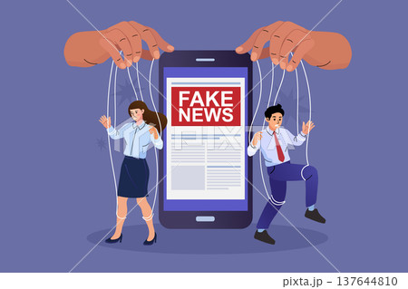 Large hands manipulating office workers like puppets through a smartphone displaying fake news. This scene represents media control, digital misinformation, and social engineering risks. Large hands manipulating office workers like puppets through a smartphone displaying fake news. This scene represents media control, digital misinformation, and social engineering risks. 137644810