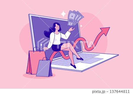 Female entrepreneur sitting on rising arrow graph with money and shopping bags. Creative concept for e-commerce profit increase digital marketing wealth and financial freedom Female entrepreneur sitting on rising arrow graph with money and shopping bags. Creative concept for e-commerce profit increase digital marketing wealth and financial freedom 137644811