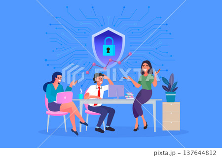 Group of employees working on laptops with large security padlock and shield icon representing corporate data protection and safe digital environment Group of employees working on laptops with large security padlock and shield icon representing corporate data protection and safe digital environment 137644812