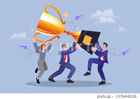 Successful business team lifting large gold trophy cup to celebrate victory and achievement. Creative character design for leadership partnership and unity to inspire winning team and collective succe 137644816