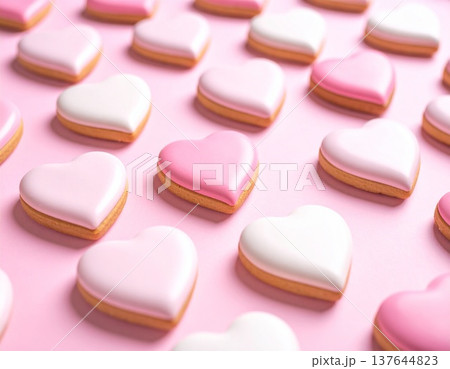 ピンクのハート型のアイシングクッキー　お菓子作り 137644823
