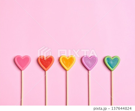 ハート型のカラフルなキャンディ　棒付きのペロペロキャンディ 137644824