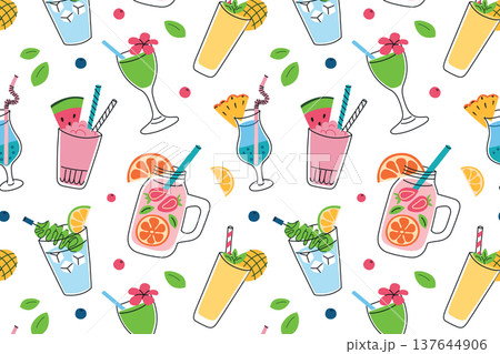 Summer drinks seamless pattern with bright cocktails, lemonades with pineapple, lemon, grapefruit, watermelon and mango smoothie, tropical mocktails with berries and fruits. Fresh vector illustration 137644906