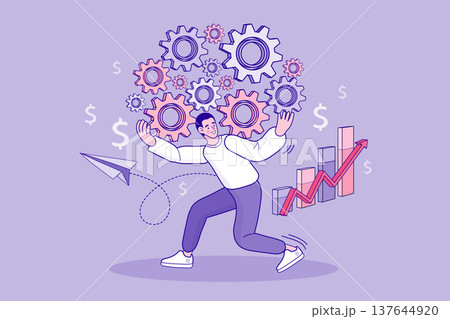 Male entrepreneur driving company progress with rising bar chart arrows and dollar symbols. Creative concept for system efficiency strategic planning and industrial operation management Male entrepreneur driving company progress with rising bar chart arrows and dollar symbols. Creative concept for system efficiency strategic planning and industrial operation management 137644920