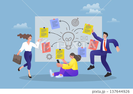 Business Team Creative Brainstorming Concept. Professional team collaborating on a strategy board with a light bulb and notes. Modern illustration for business planning, creative thinking. Business Team Creative Brainstorming Concept. Professional team collaborating on a strategy board with a light bulb and notes. Modern illustration for business planning, creative thinking. 137644926