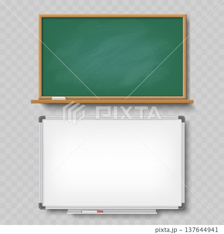 Realistic Green Chalkboard and Whiteboard Mockup Set. Vector Blank School Boards with Wooden Frame and Marker. Realistic Green Chalkboard and Whiteboard Mockup Set. Vector Blank School Boards with Wooden Frame and Marker. 137644941