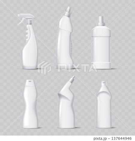 Realistic White Plastic Bottle Mockup Set. Vector Blank Packaging Templates for Household Cleaning, Soap, and Cosmetics. 137644946