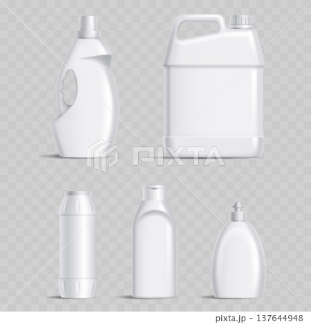 Realistic White Plastic Bottle Mockup Set. Vector Blank Packaging Templates for Household Cleaning, Soap, and Cosmetics. 137644948