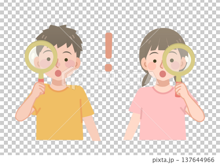 Illustration of a boy and girl looking through a magnifying glass Illustration of a boy and girl looking through a magnifying glass 137644966
