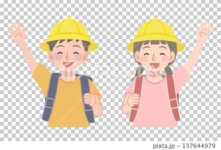 Illustration of an elementary school student carrying a school bag raising his hand Illustration of an elementary school student carrying a school bag raising his hand 137644979