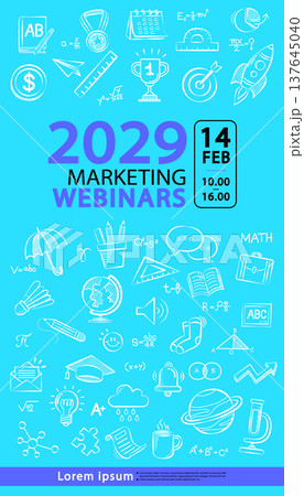 Blue background banner featuring education and business symbols for online seminar promotion. Professional template for digital workshop academic conference and corporate training announcement 137645040