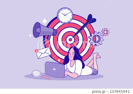Freelance character lying down and using computer with big bullseye clock and megaphone elements. Flat vector for productivity improvement flexible workplace and digital marketing success concepts Freelance character lying down and using computer with big bullseye clock and megaphone elements. Flat vector for productivity improvement flexible workplace and digital marketing success concepts 137645041