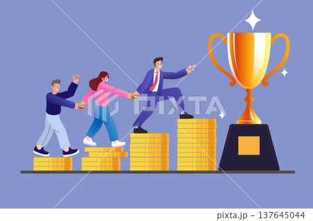 Motivated business team walking up gold coin stairs to reach trophy. Creative character design for leadership partnership and financial growth to inspire winning strategy and goal achievement 137645044