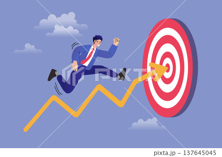 Ambitious businessman jumping towards bullseye target on rising arrow graph. Creative character design for business goal achievement and success strategy to inspire motivation and progress Ambitious businessman jumping towards bullseye target on rising arrow graph. Creative character design for business goal achievement and success strategy to inspire motivation and progress 137645045