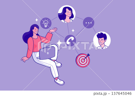 Freelancer sitting and coordinating with professional team using digital call icons. Creative workspace concept featuring brainstorming and goal setting for remote business projects. 137645046