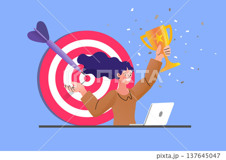Successful businesswoman celebrating achievement with gold trophy cup and bullseye target. Creative character design for business goal reaching and career growth to inspire winning strategy 137645047