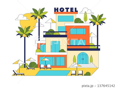 Modern City Hotel Building Illustration Featuring Urban Architecture, Palm Trees, Luxury Accommodation Exterior, Travel Tourism Hospitality Design Modern City Hotel Building Illustration Featuring Urban Architecture, Palm Trees, Luxury Accommodation Exterior, Travel Tourism Hospitality Design 137645142