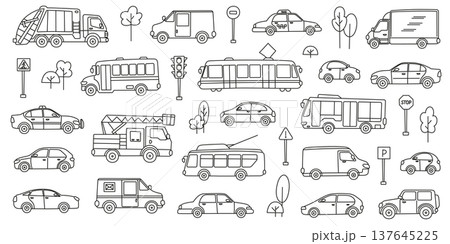 Black and white city cars and special transport clipart set for coloring pages. Police, fire and ambulance, garbage truck, buses, trolleybus, tram, trees and road signs, outline vector illustration Black and white city cars and special transport clipart set for coloring pages. Police, fire and ambulance, garbage truck, buses, trolleybus, tram, trees and road signs, outline vector illustration 137645225