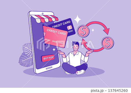 Male character sitting with smartphone and credit cards showing currency exchange arrows and dollar symbols. Flat vector for financial saving digital banking and e-commerce reward concepts Male character sitting with smartphone and credit cards showing currency exchange arrows and dollar symbols. Flat vector for financial saving digital banking and e-commerce reward concepts 137645260