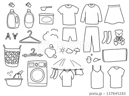手描きのかわいい洗濯物モノクロセットのイラスト素材 [137645283] - PIXTA