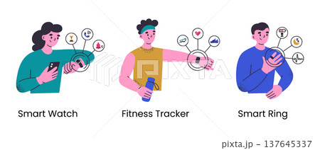 Smart wearable devices, character set with fitness tracker, smartwatch and fitness ring. Health, sleep, workout tracking, pulse monitoring, progress charts, notifications. Flat cartoon illustration Smart wearable devices, character set with fitness tracker, smartwatch and fitness ring. Health, sleep, workout tracking, pulse monitoring, progress charts, notifications. Flat cartoon illustration 137645337