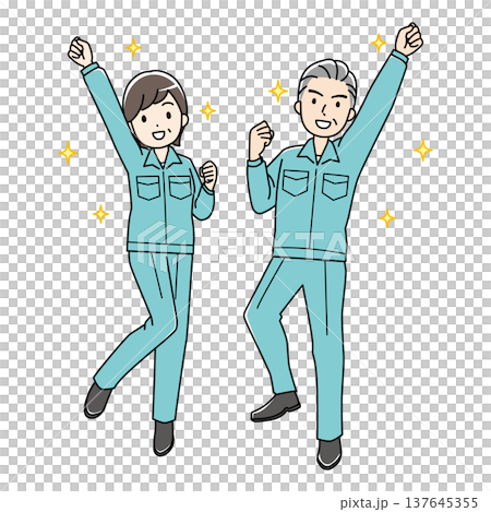 一幅彩色插圖，描繪了精力充沛、經驗豐富的男女工人身穿工作服（未戴帽子）。 137645355