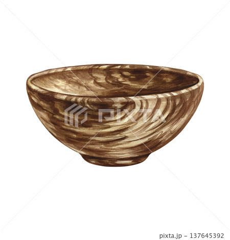 Empty wooden bowl. A hand-drawn watercolor illustration. Design element for menus, recipes, and cookbooks. For banners, flyers, packaging, labels, and more. 137645392