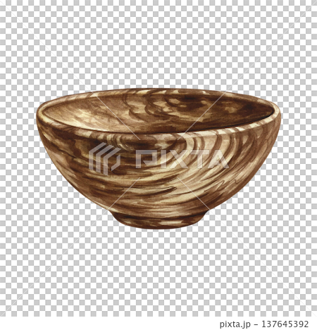 Empty wooden bowl. A hand-drawn watercolor illustration. Design element for menus, recipes, and cookbooks. For banners, flyers, packaging, labels, and more. 137645392