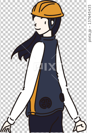 ヘルメットをかぶり空調ベストを着た女性のイラスト　紺色バージョン 137645435