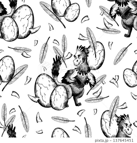 A seamless pattern featuring a feathered dinosaur and eggs 137645451