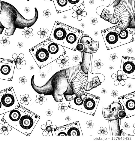 Seamless graphic pattern featuring a dinosaur in a sweater 137645452
