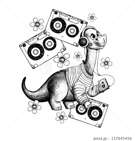 A cute dinosaur in a sweater listens to music on a cassette player with headphones. A cute dinosaur in a sweater listens to music on a cassette player with headphones. 137645456