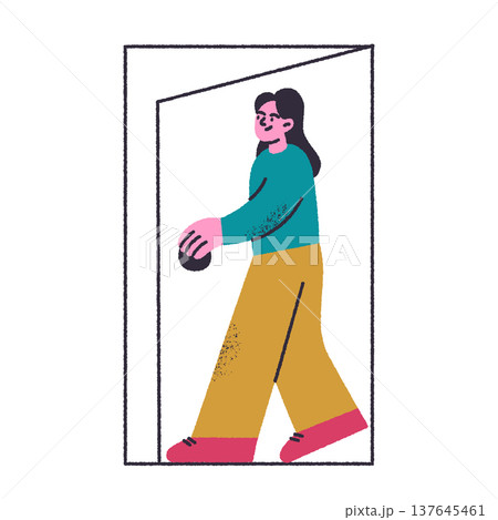 Cute flat cartoon female character entering open door, full height minimal abstract scene. Transition and new beginning, fresh start and next step, empty state vector illustration with grainy textures 137645461