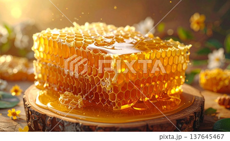 Close-up of a honeycomb, wax and honey. 137645467