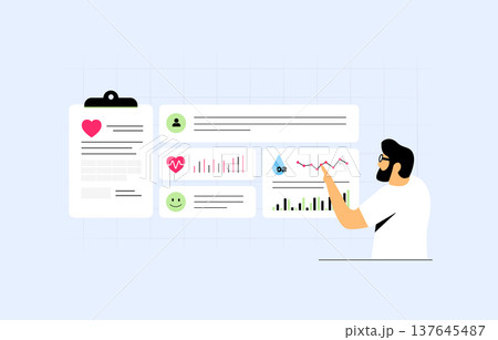 Remote patient monitoring system, predictive analytics vital signs, wearable device health tracking, proactive chronic care management, intelligent data processing workflow flat vector illustration 137645487