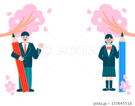 桜と鉛筆を持つ制服姿の中学生・高校生の男女のイラスト 桜と鉛筆を持つ制服姿の中学生・高校生の男女のイラスト 137645518