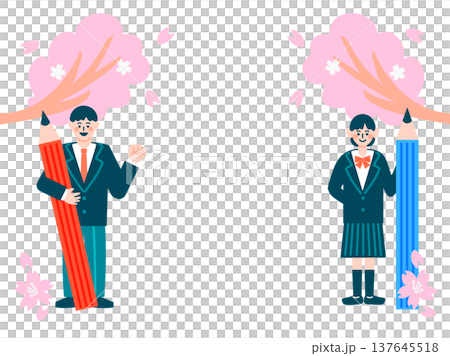 桜と鉛筆を持つ制服姿の中学生・高校生の男女のイラスト 桜と鉛筆を持つ制服姿の中学生・高校生の男女のイラスト 137645518