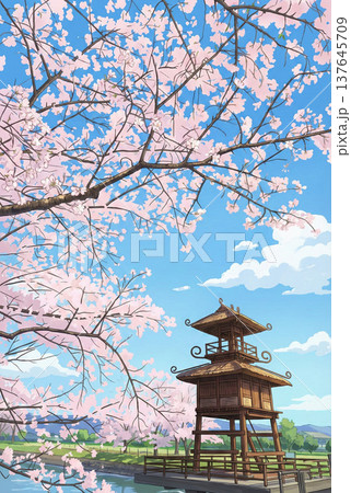 唐子鍵遺跡の桜と楼閣縦・アニメ 137645709