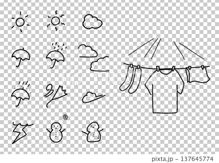 A set of hand-drawn weather symbols and monochrome illustrations of laundry. 137645774