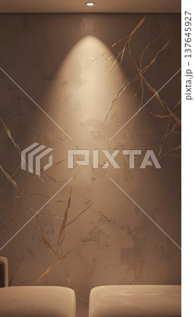 Textured wall with gold cracks illuminated by ceiling spotlight. Modern interior design element with abstract crack pattern. Luxury home decoration concept for living room backdrop. 137645927