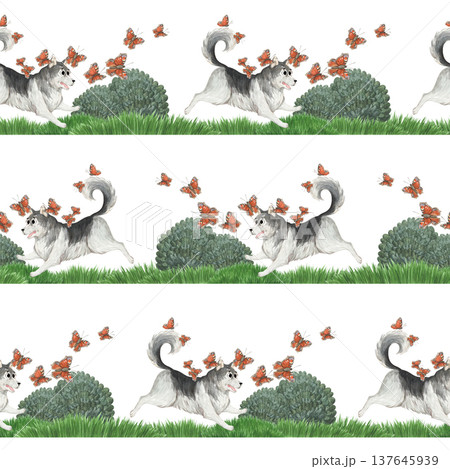 Summer watercolor pattern with a cheerful husky dog Summer watercolor pattern with a cheerful husky dog 137645939