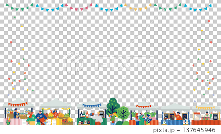 市集活動場景:熙熙攘攘的露天市集上的橫幅。 市集活動場景:熙熙攘攘的露天市集上的橫幅。 137645946