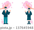 桜の下でガッツポーズをする制服姿の学生（男女）のイメージイラスト 137645948