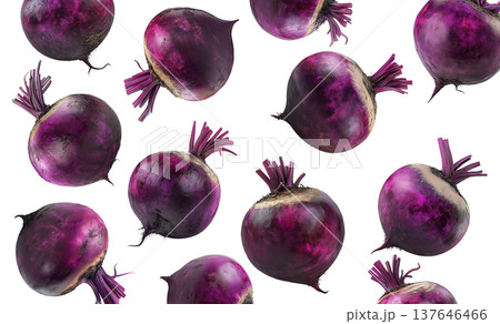 Whole red beetroots arranged in a scattered pattern, isolated on a white background, representing organic vegetables Whole red beetroots arranged in a scattered pattern, isolated on a white background, representing organic vegetables 137646466