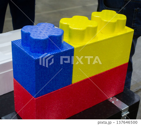 Large construction blocks from foam plastic from high-density polystyrene foam PPE. Children's construction from foam blocks. Model from dense lightweight material universal foam. Modern technologies 137646500